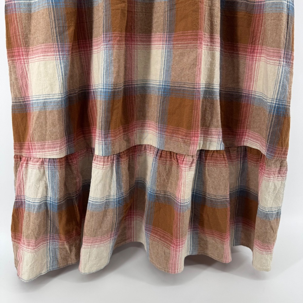 Polagram Plaid Dress Womens M Brown Pink Puff Sleeve Tiered Midi Square Neck - Picture 5 of 13
